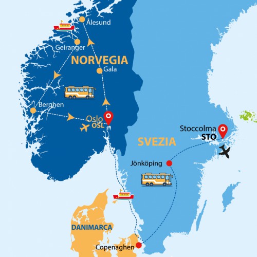 Cartina I Fiordi e le  3 Capitali Scandinave 2024