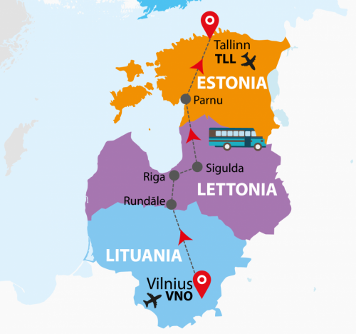 Cartina Le tre capitali baltiche (VNO/TLL)