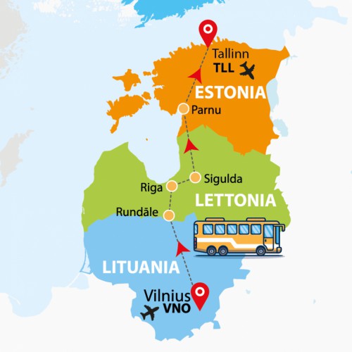 Cartina Le tre capitali baltiche (VNO/TLL)